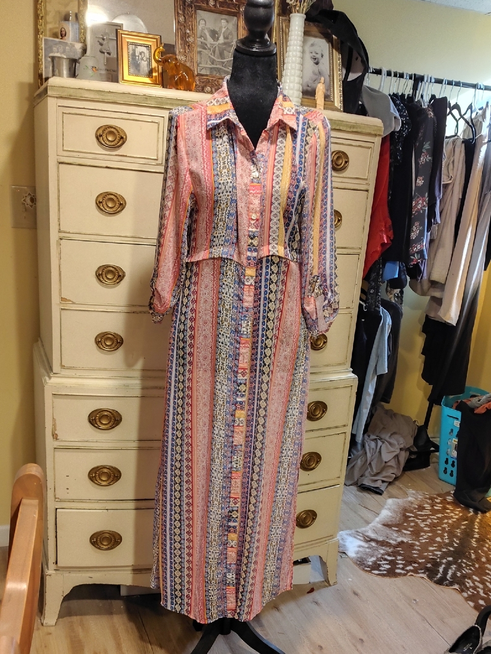 Striped Button-Front Maxi Dress in Coral, Blue and Cream